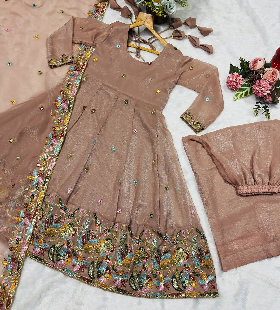 Designer Tabby Organza Embroidered Anarkali Suit with Dupatta