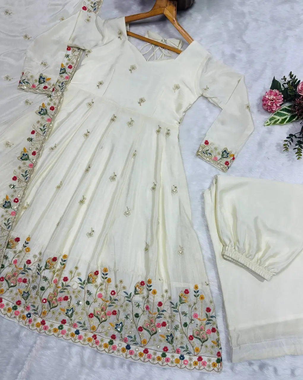Designer Tabby Organza Embroidered Anarkali Suit with Dupatta