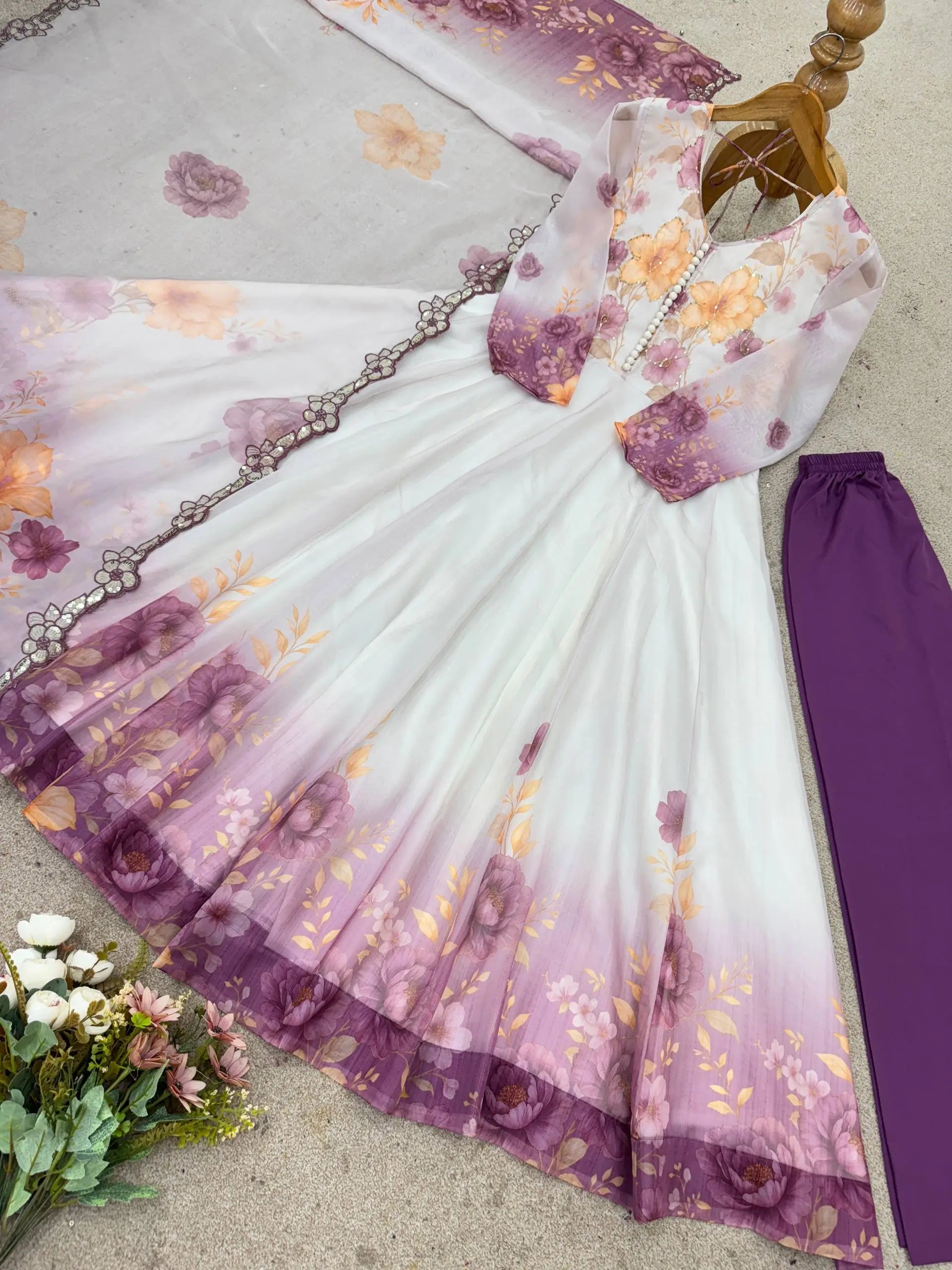 Designer Tabby Organza Embroidered Gown Set with Dupatta