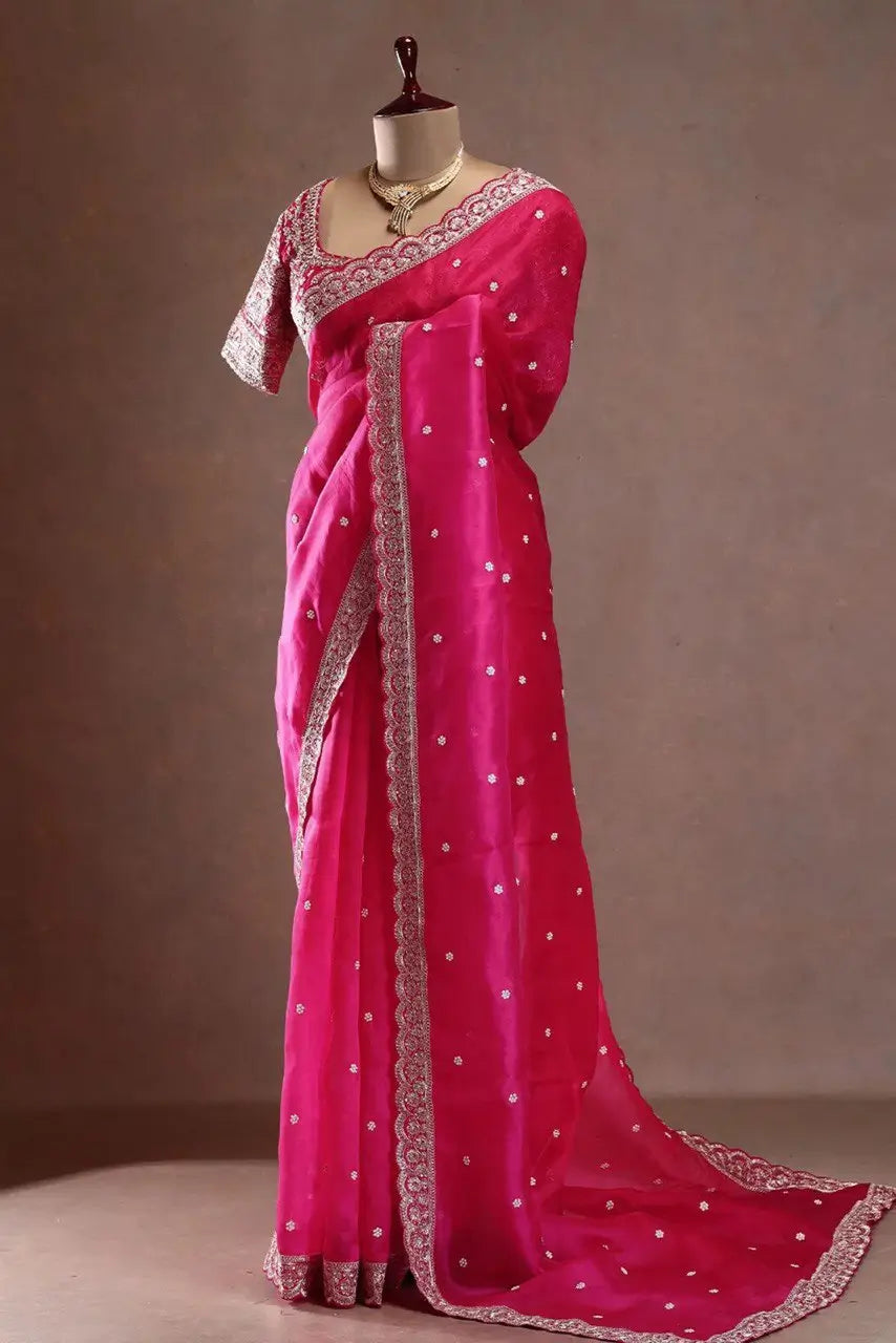Designer Tibby Silk Saree with Sequin and Thread Work