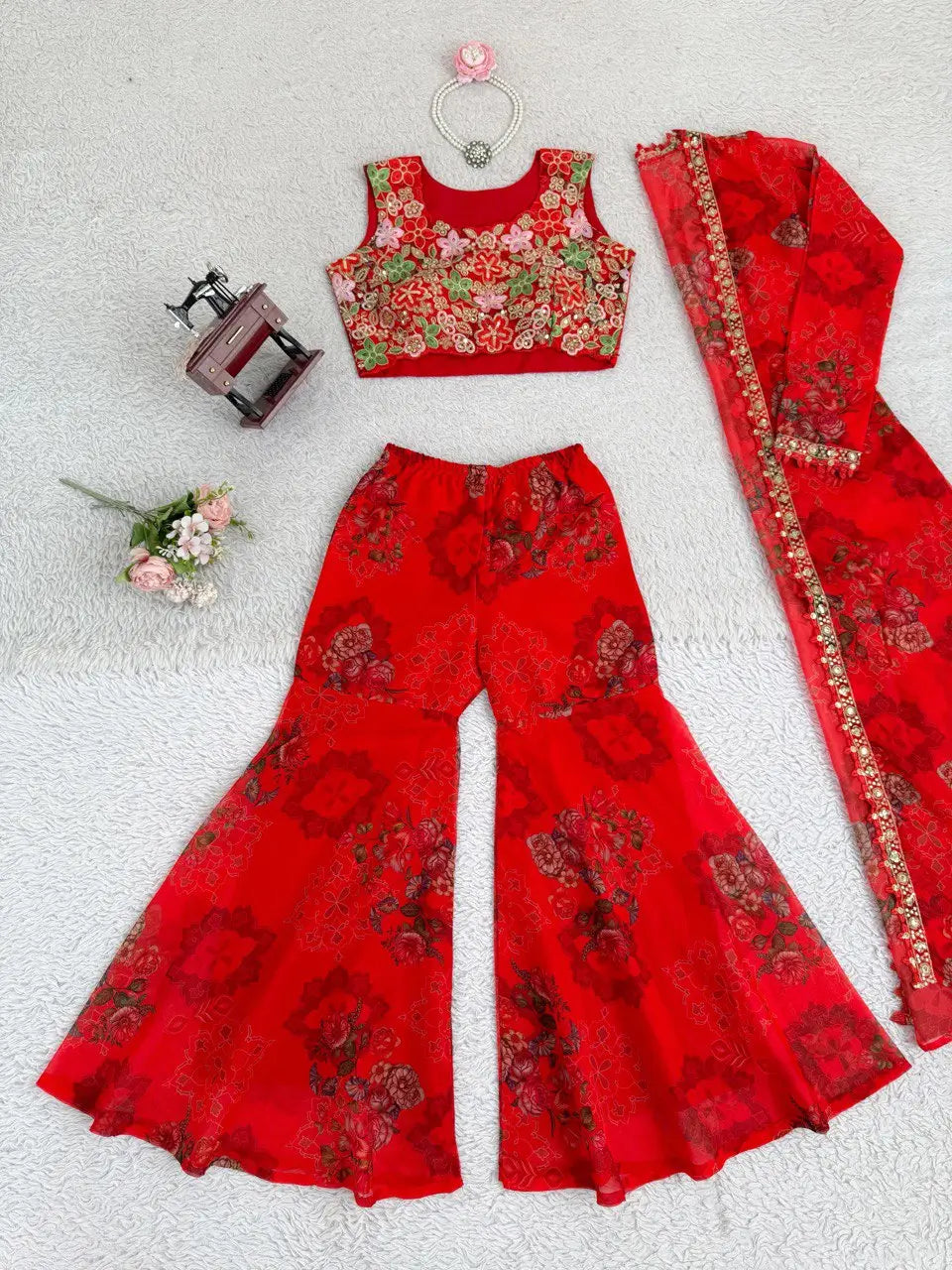 Designer Tibby Silk Shrug, Blouse & Sharara Set | Embroidered & Printed 3-Piece Stitched Outfit