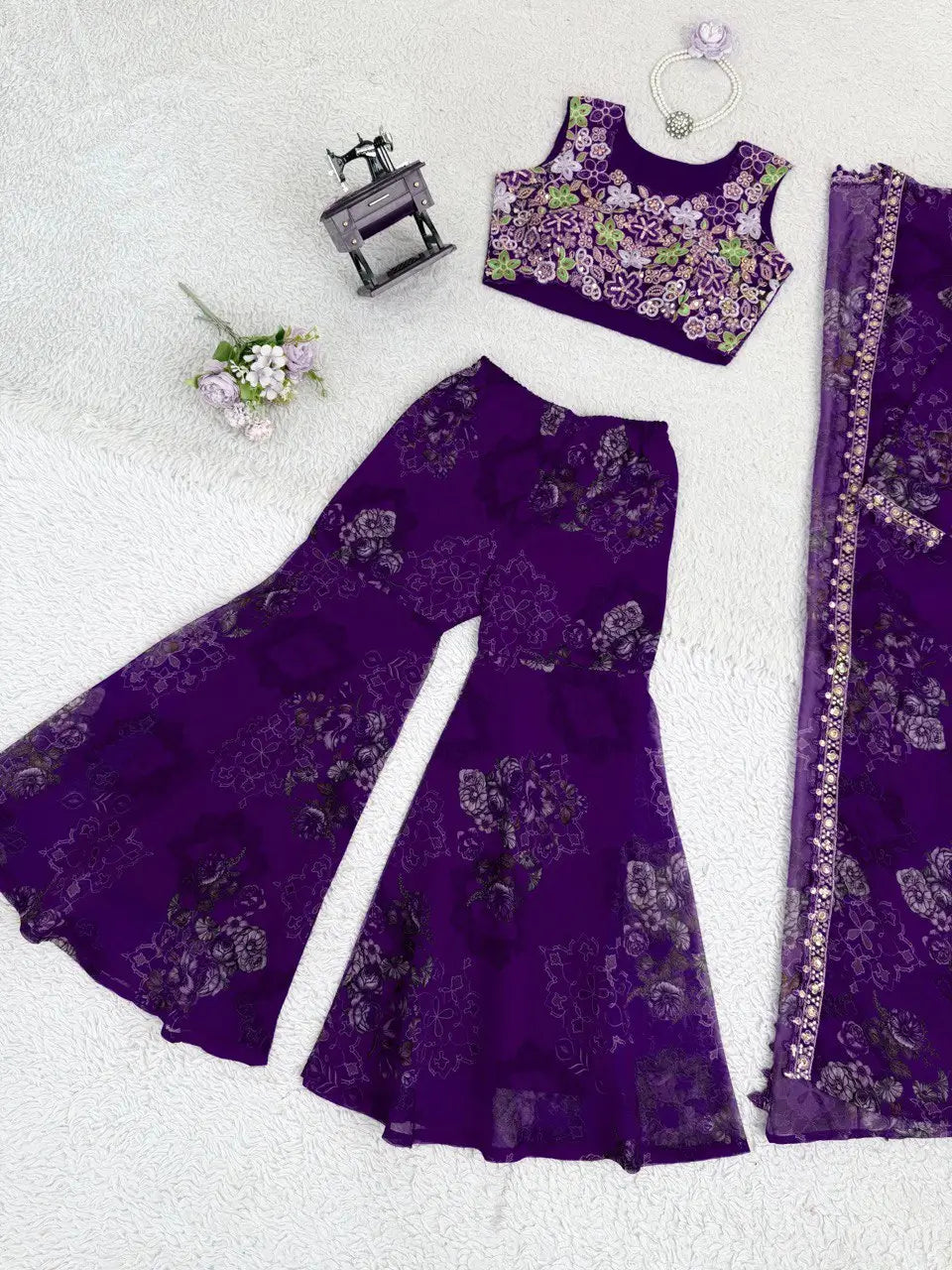 Designer Tibby Silk Shrug, Blouse & Sharara Set | Embroidered & Printed 3-Piece Stitched Outfit