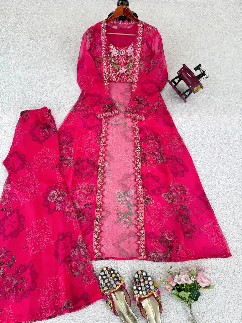 Designer Tibby Silk Shrug, Blouse & Sharara Set | Embroidered & Printed 3-Piece Stitched Outfit