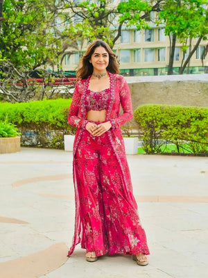 Designer Tibby Silk Shrug, Blouse & Sharara Set | Embroidered & Printed 3-Piece Stitched Outfit