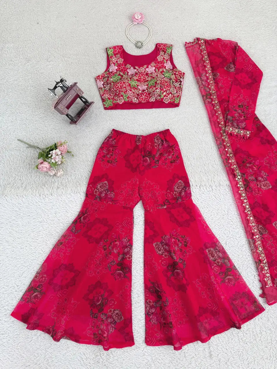 Designer Tibby Silk Shrug, Blouse & Sharara Set | Embroidered & Printed 3-Piece Stitched Outfit