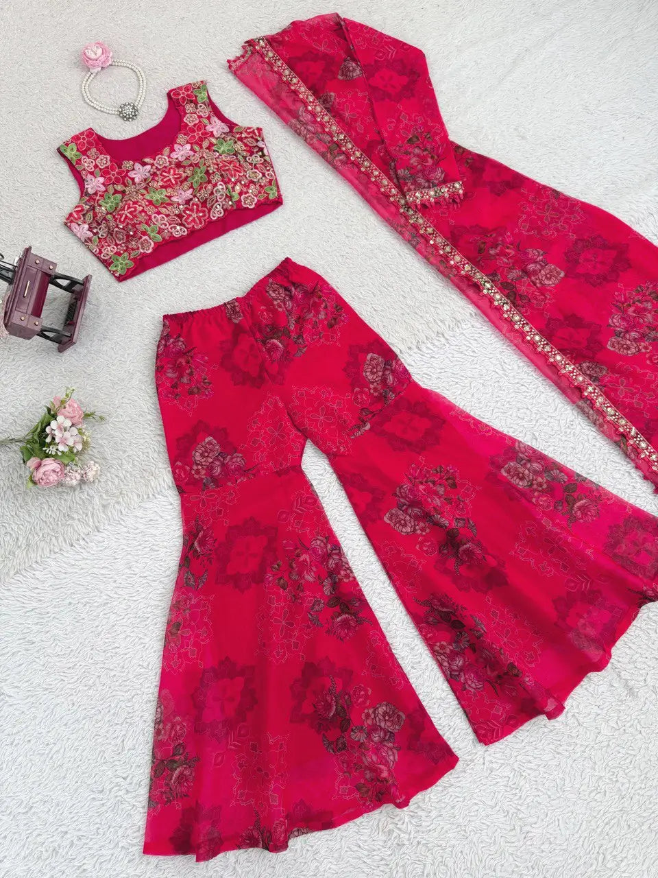 Designer Tibby Silk Shrug, Blouse & Sharara Set | Embroidered & Printed 3-Piece Stitched Outfit