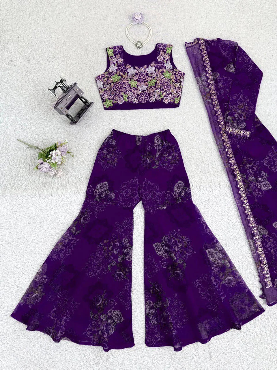 Designer Tibby Silk Shrug, Blouse & Sharara Set | Embroidered & Printed 3-Piece Stitched Outfit