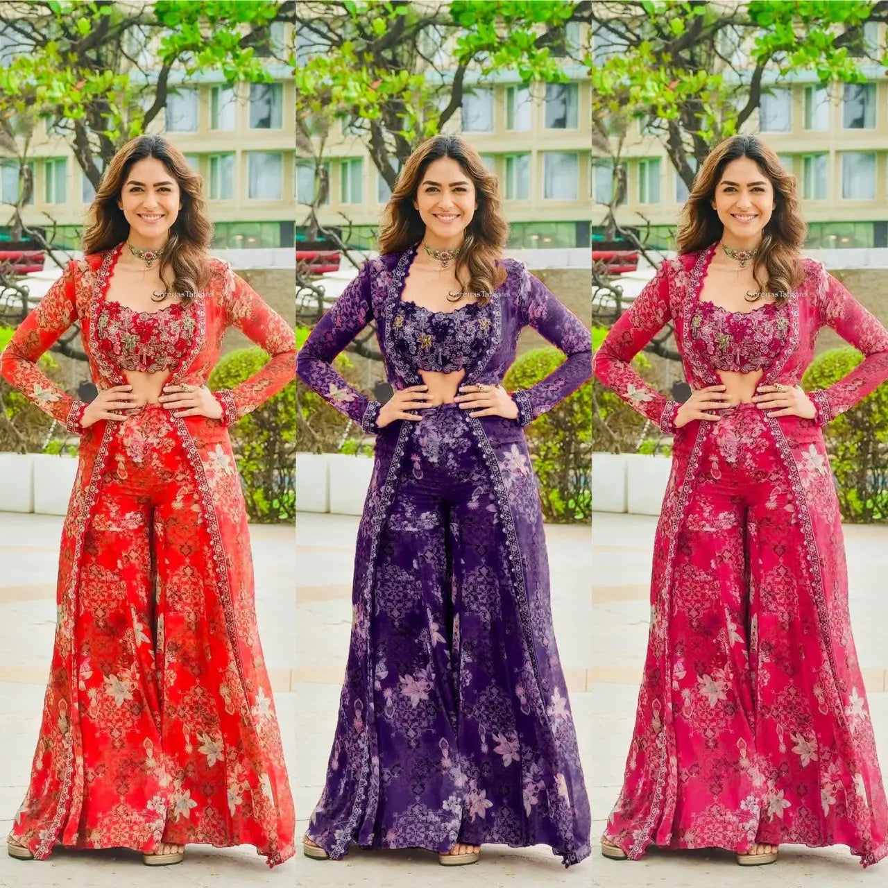 Designer Tibby Silk Shrug, Blouse & Sharara Set | Embroidered & Printed 3-Piece Stitched Outfit
