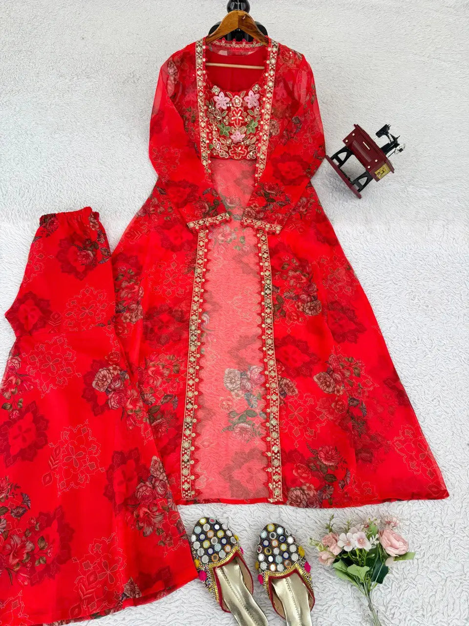Designer Tibby Silk Shrug, Blouse & Sharara Set | Embroidered & Printed 3-Piece Stitched Outfit
