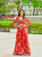 Designer Tibby Silk Shrug, Blouse & Sharara Set | Embroidered & Printed 3-Piece Stitched Outfit