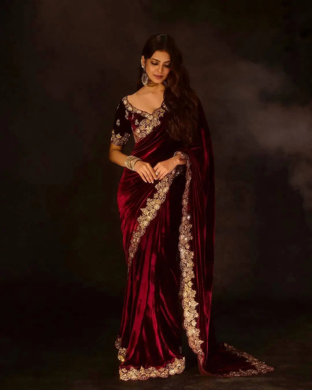 Designer Velvet Embroidered Saree with Unstitched Blouse