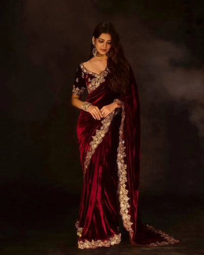 Designer Velvet Embroidered Saree with Unstitched Blouse