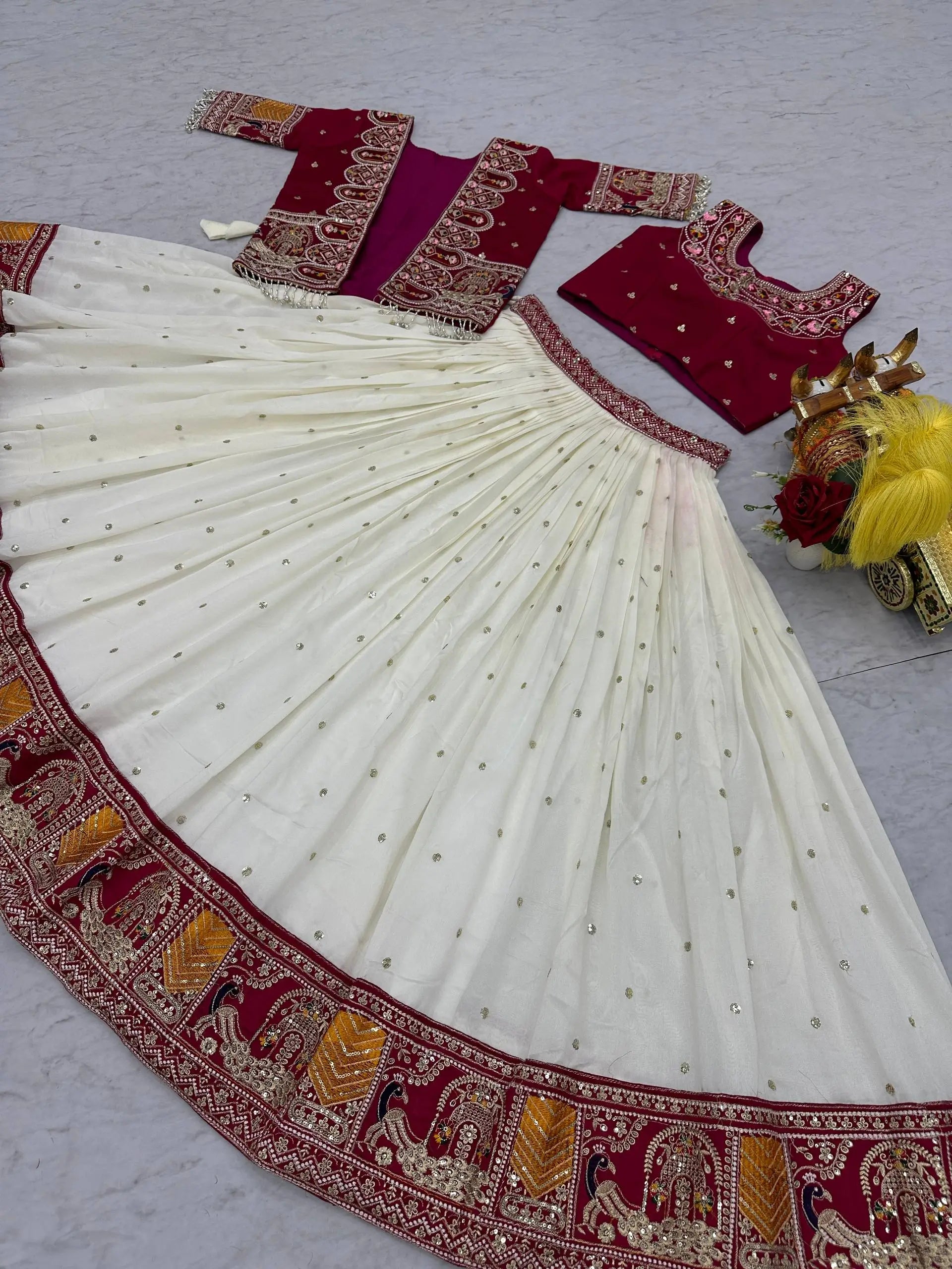 Designer Vichitra Lehenga Choli with Embroidered Koti for Wedding and Festive Wear