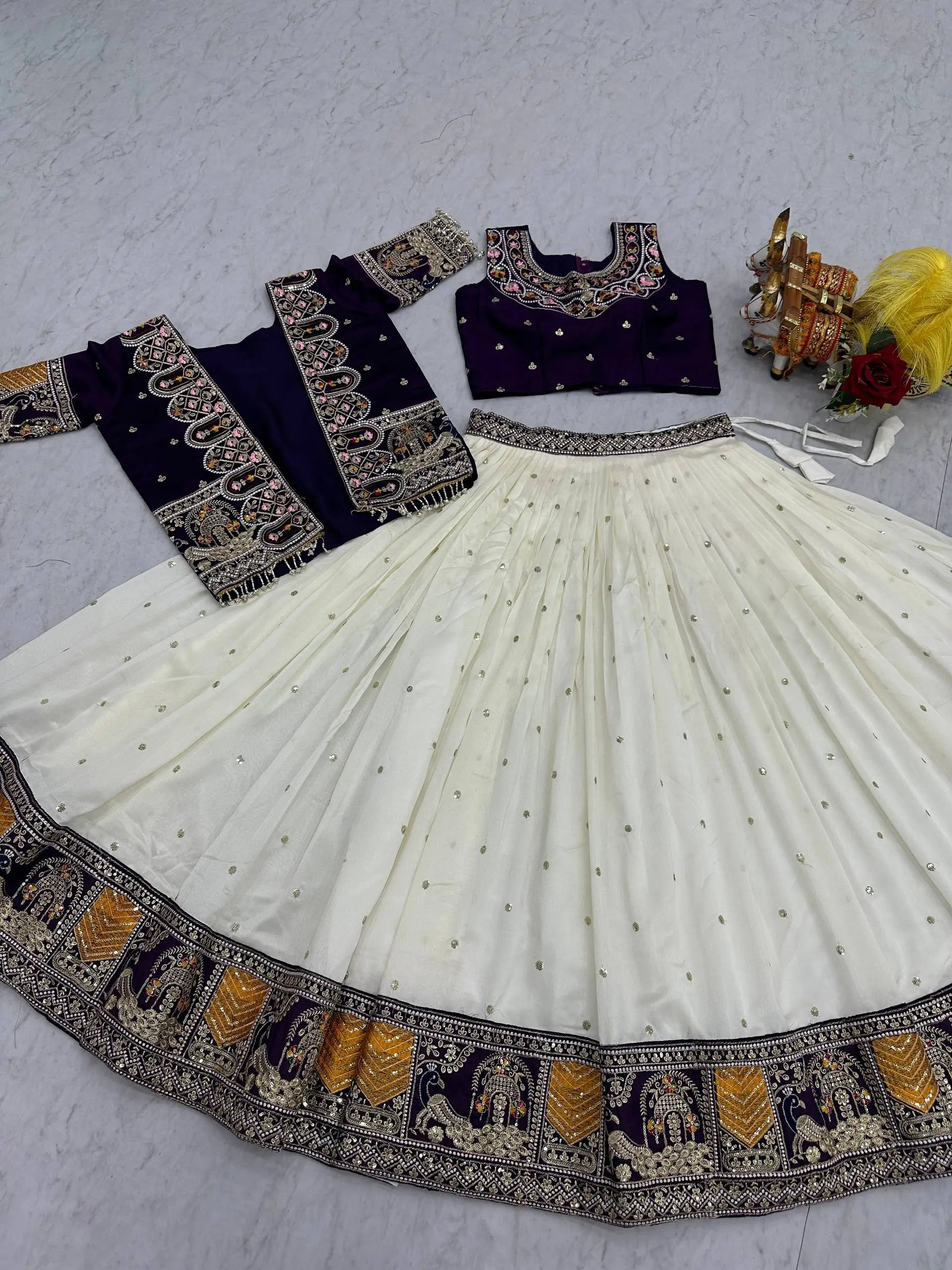 Designer Vichitra Lehenga Choli with Embroidered Koti for Wedding and Festive Wear