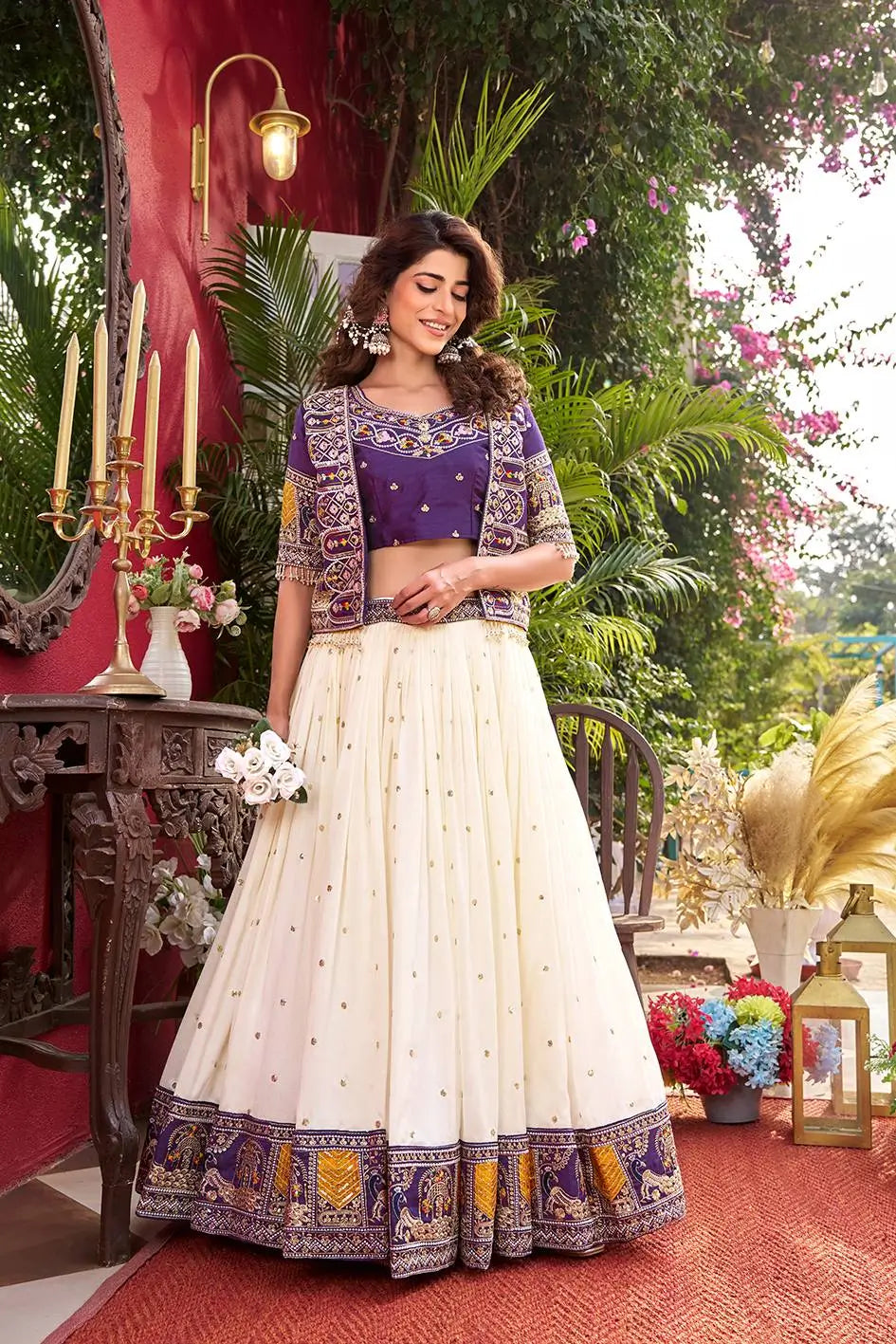 Designer Vichitra Lehenga Choli with Embroidered Koti for Wedding and Festive Wear