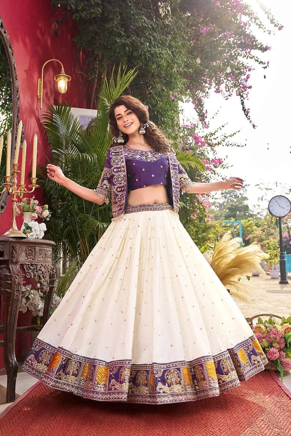 Designer Vichitra Lehenga Choli with Embroidered Koti for Wedding and Festive Wear