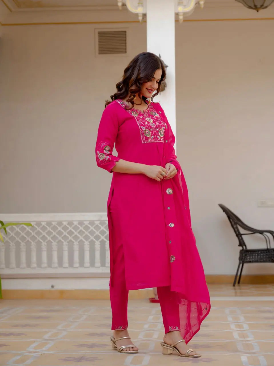 Designer Viscose Mango Silk Kurti Pant Set with Dupatta