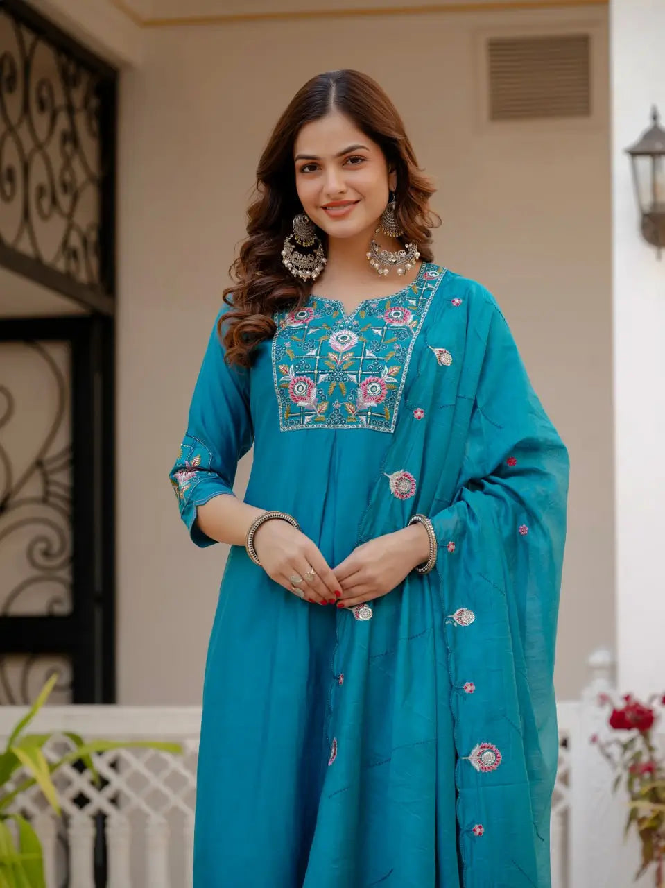 Designer Viscose Mango Silk Kurti Pant Set with Dupatta