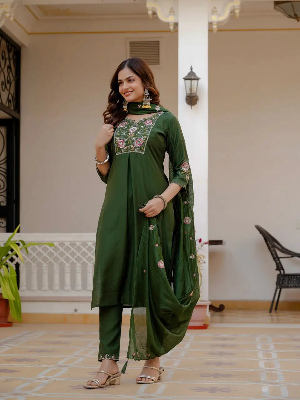 Designer Viscose Mango Silk Kurti Pant Set with Dupatta