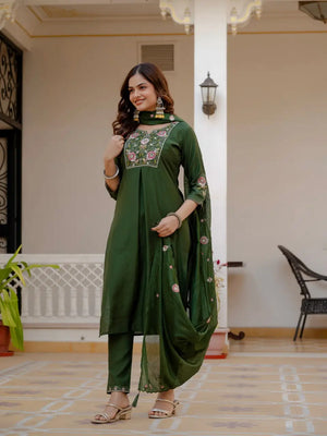 Designer Viscose Mango Silk Kurti Pant Set with Dupatta