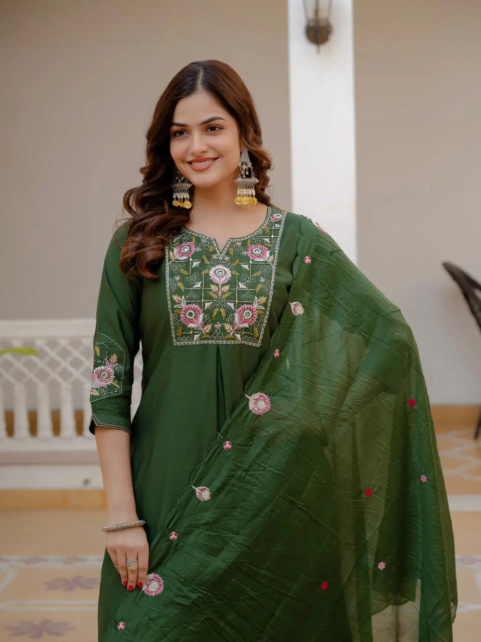 Designer Viscose Mango Silk Kurti Pant Set with Dupatta