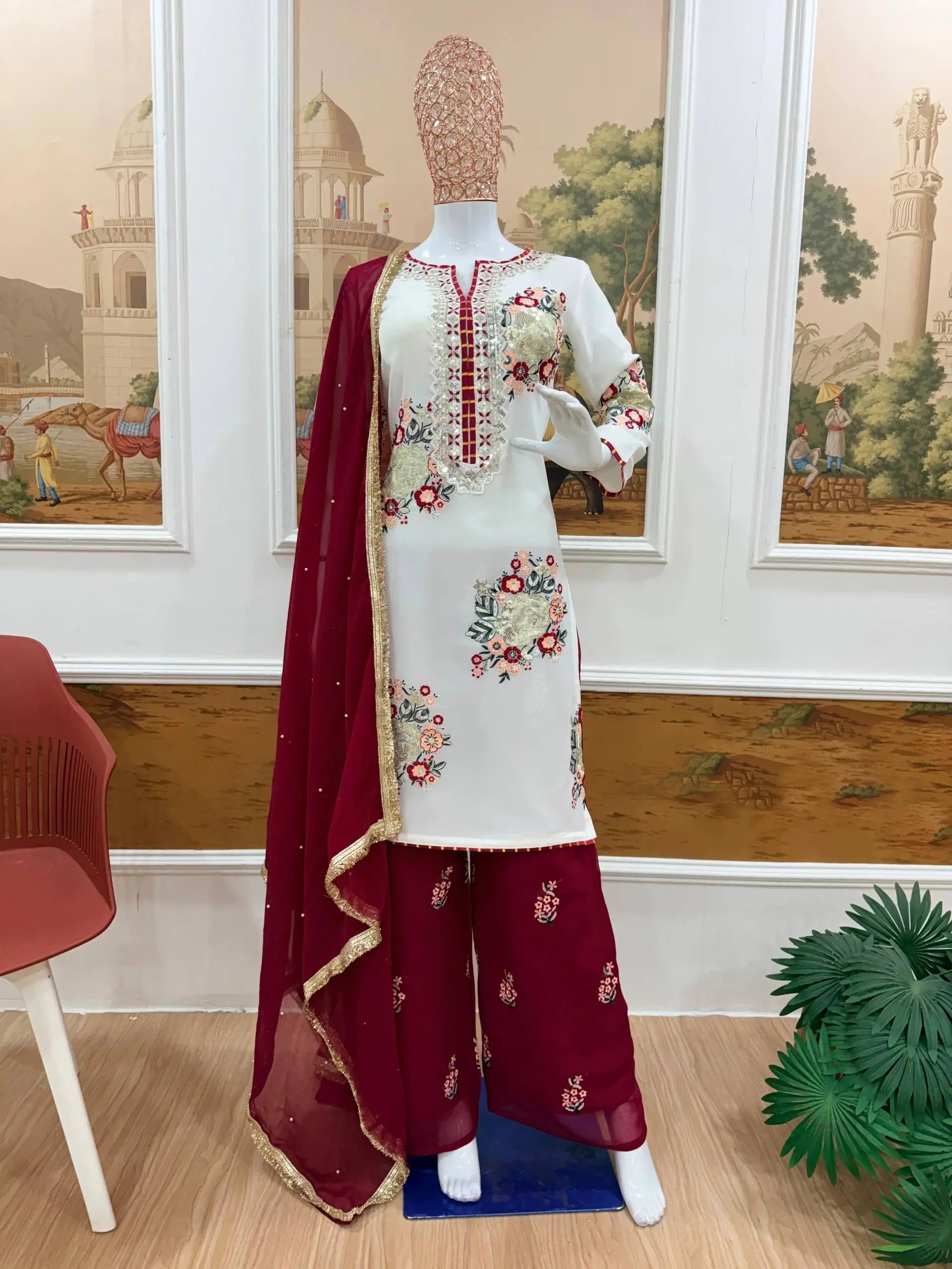 Designer White Embroidered Palazzo Suit Set for Festive and Family Functions