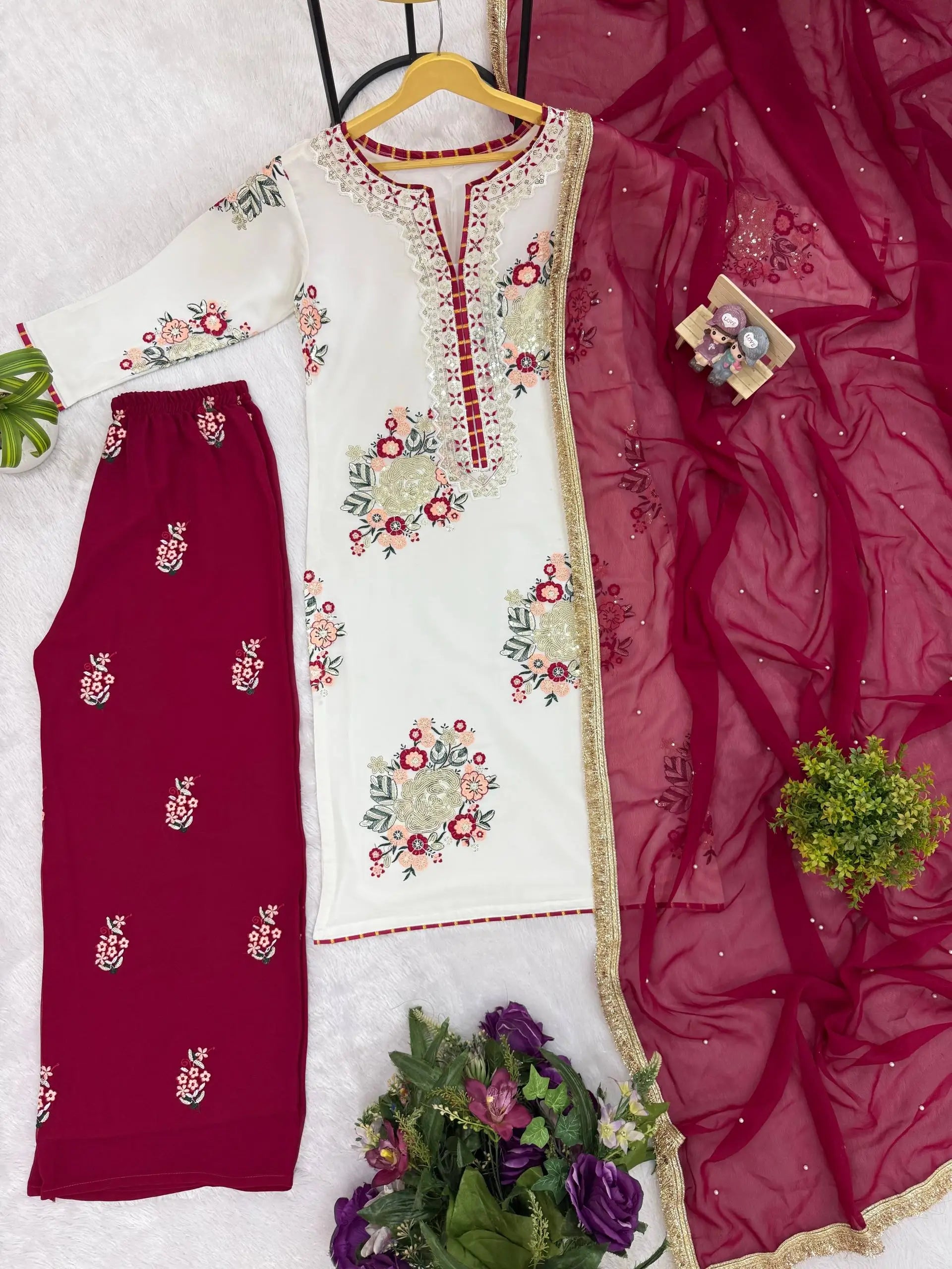 Designer White Embroidered Palazzo Suit Set for Festive and Family Functions