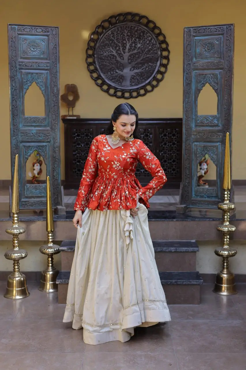 Designer soft white Lehenga with Long peplum blouse for Festive Occasions