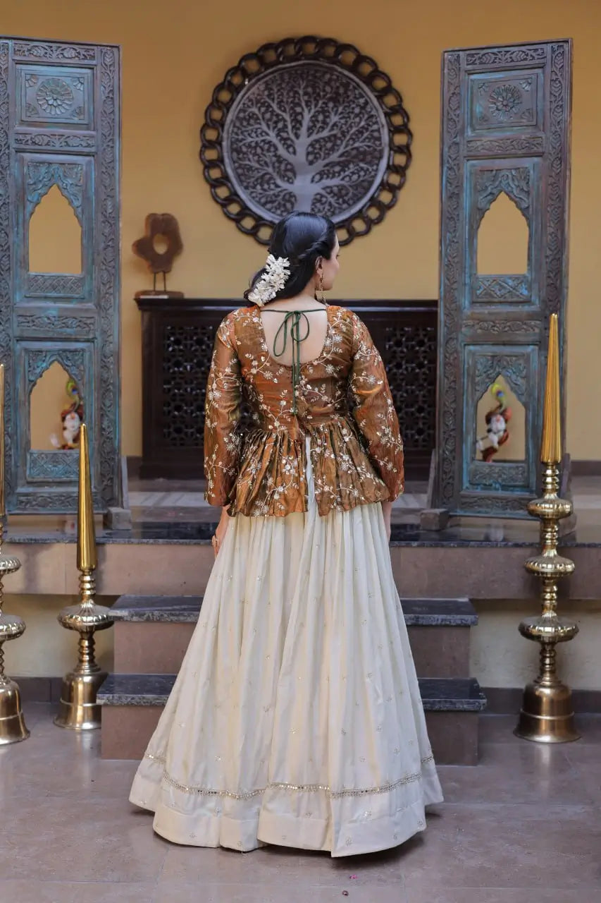 Designer soft white Lehenga with Long peplum blouse for Festive Occasions