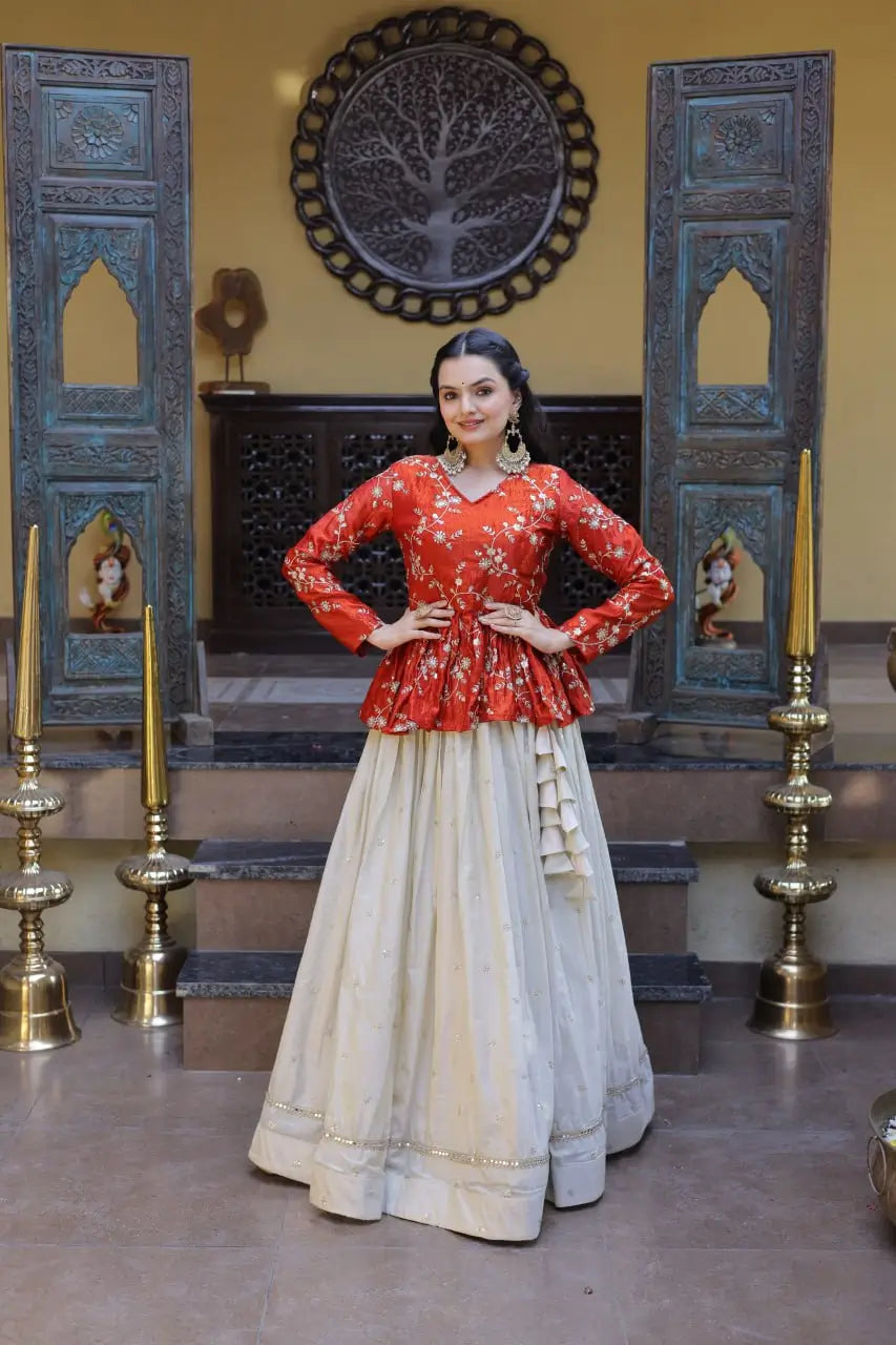 Designer soft white Lehenga with Long peplum blouse for Festive Occasions