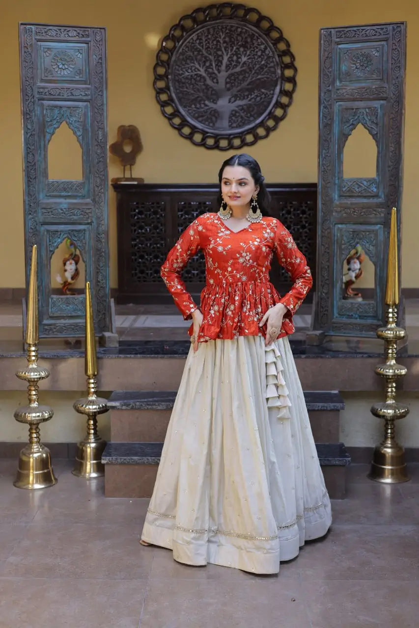 Designer soft white Lehenga with Long peplum blouse for Festive Occasions