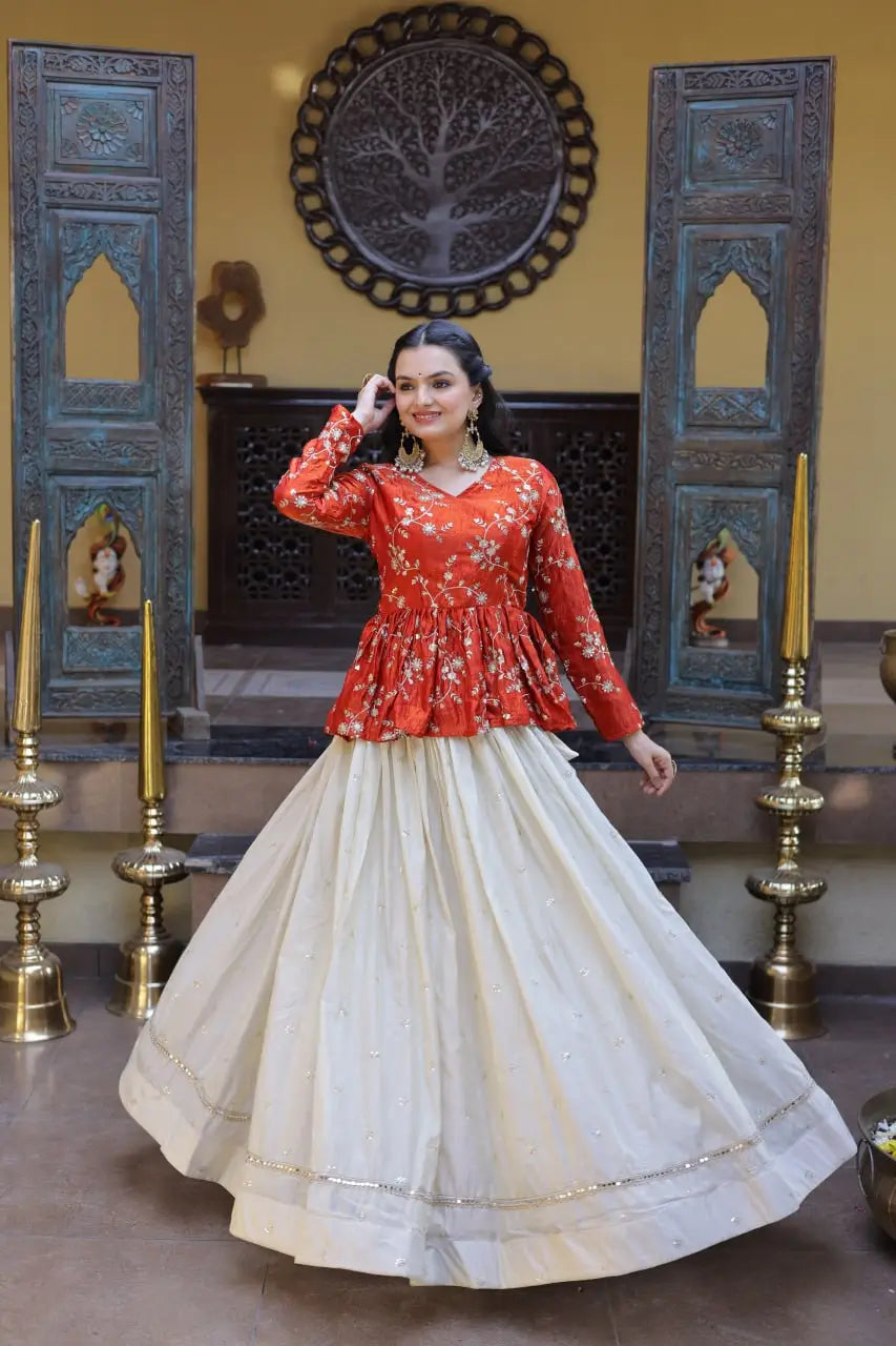 Designer soft white Lehenga with Long peplum blouse for Festive Occasions