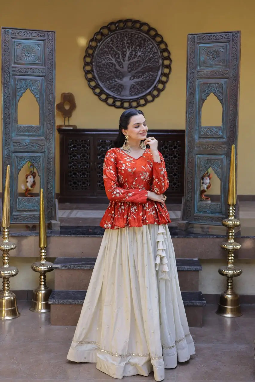 Designer soft white Lehenga with Long peplum blouse for Festive Occasions