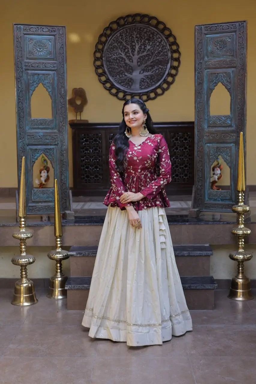 Designer soft white Lehenga with Long peplum blouse for Festive Occasions
