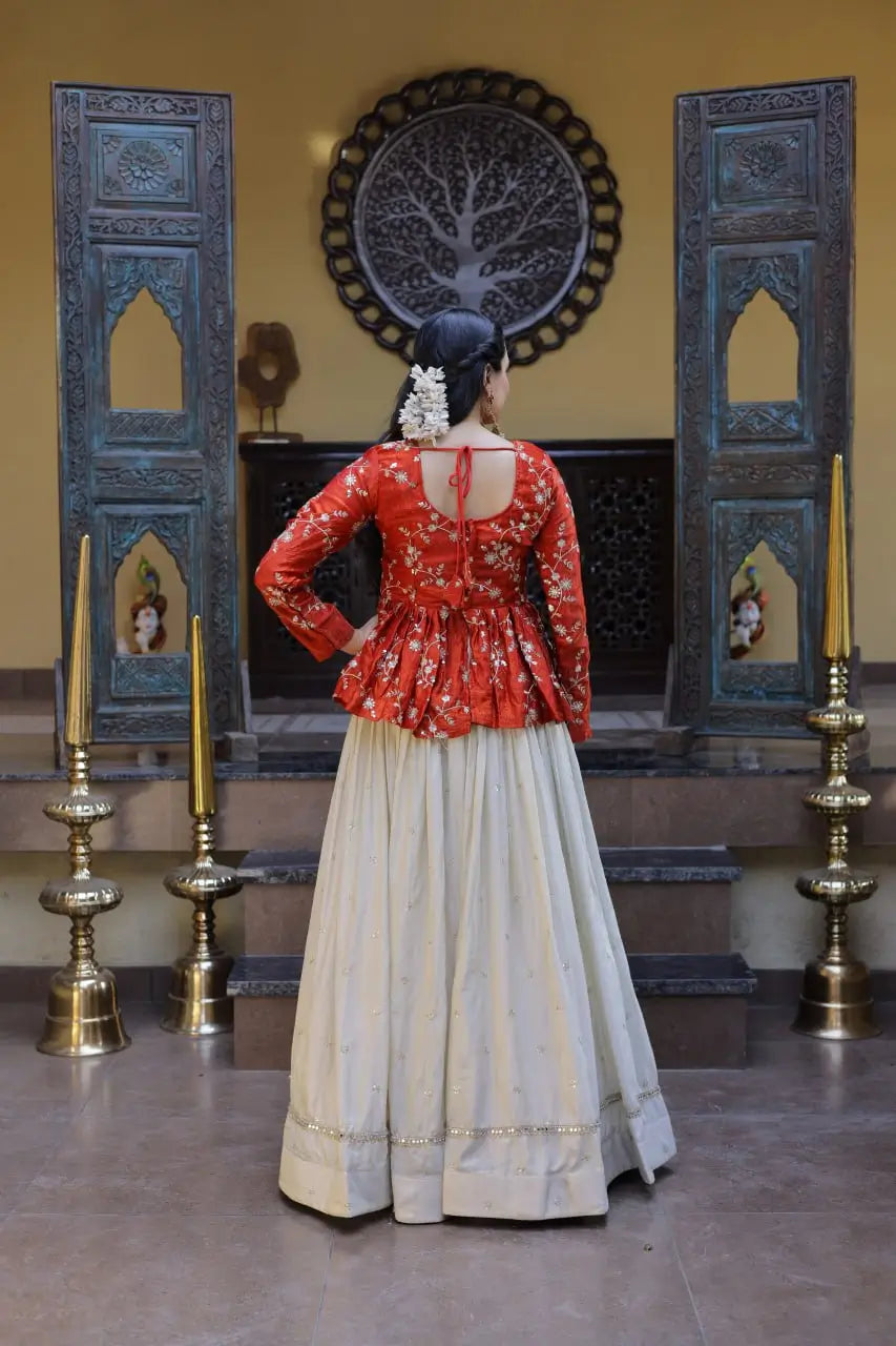 Designer soft white Lehenga with Long peplum blouse for Festive Occasions
