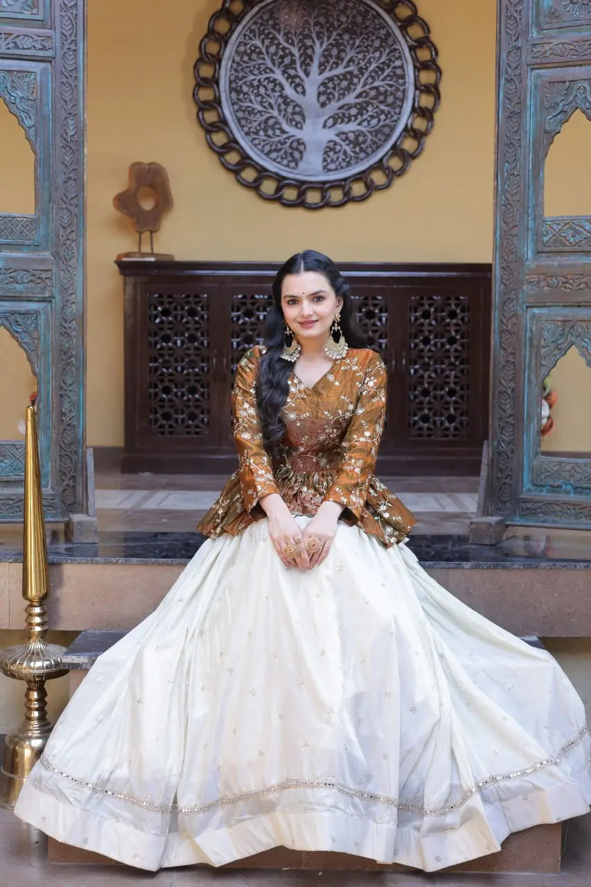 Designer soft white Lehenga with Long peplum blouse for Festive Occasions