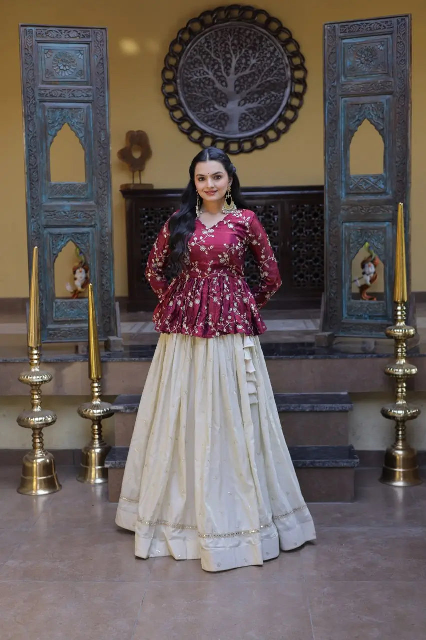 Designer soft white Lehenga with Long peplum blouse for Festive Occasions