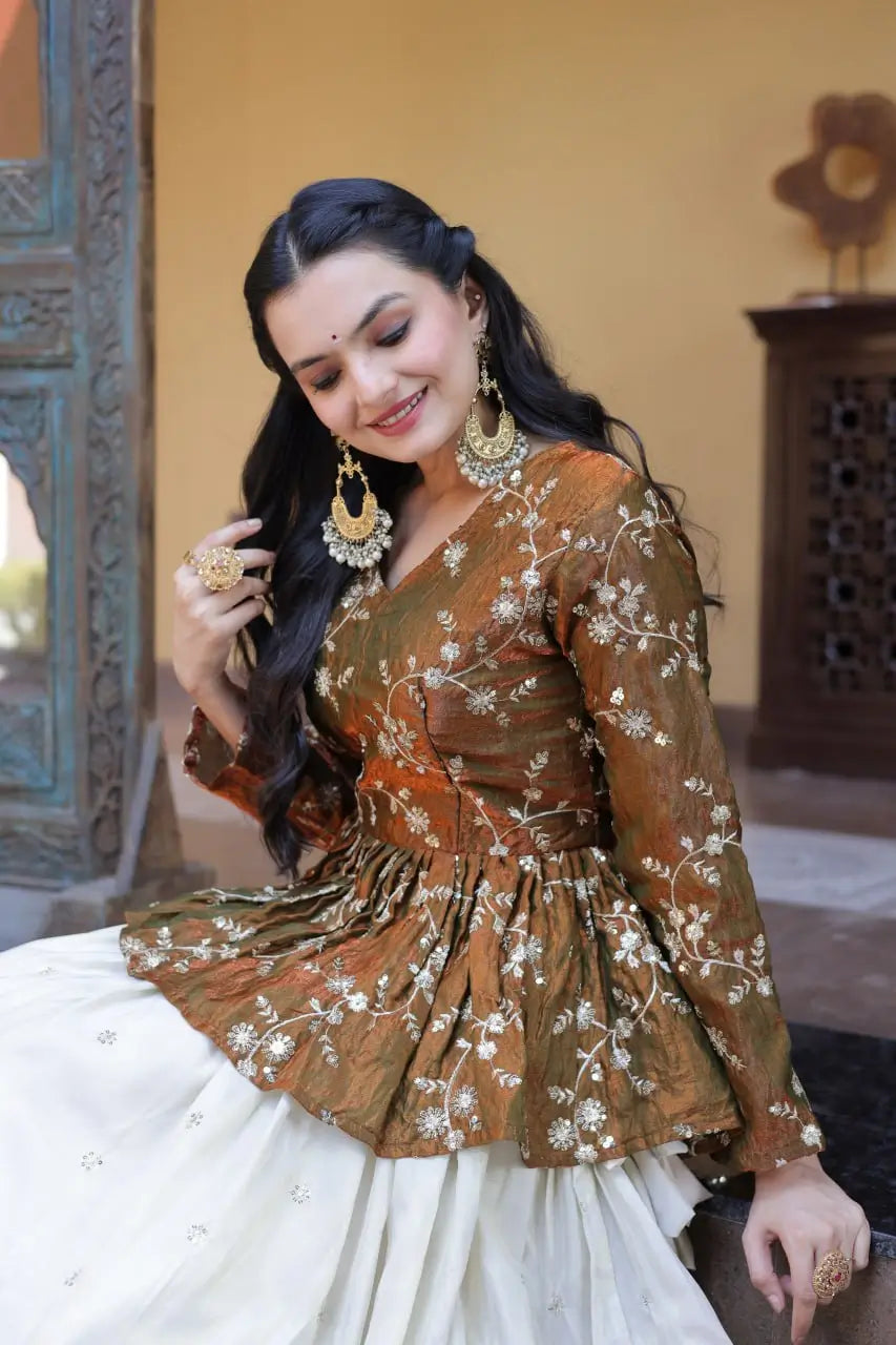 Designer soft white Lehenga with Long peplum blouse for Festive Occasions