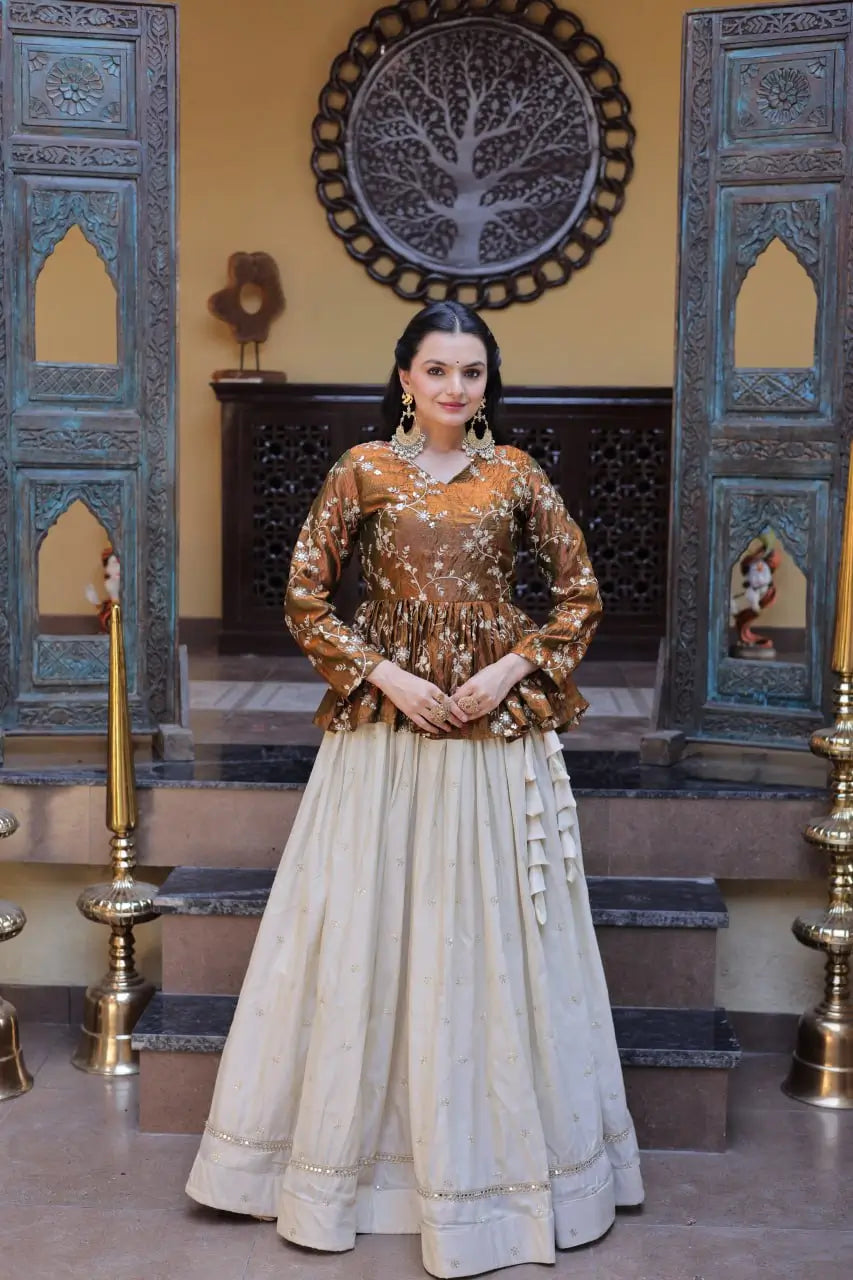 Designer soft white Lehenga with Long peplum blouse for Festive Occasions