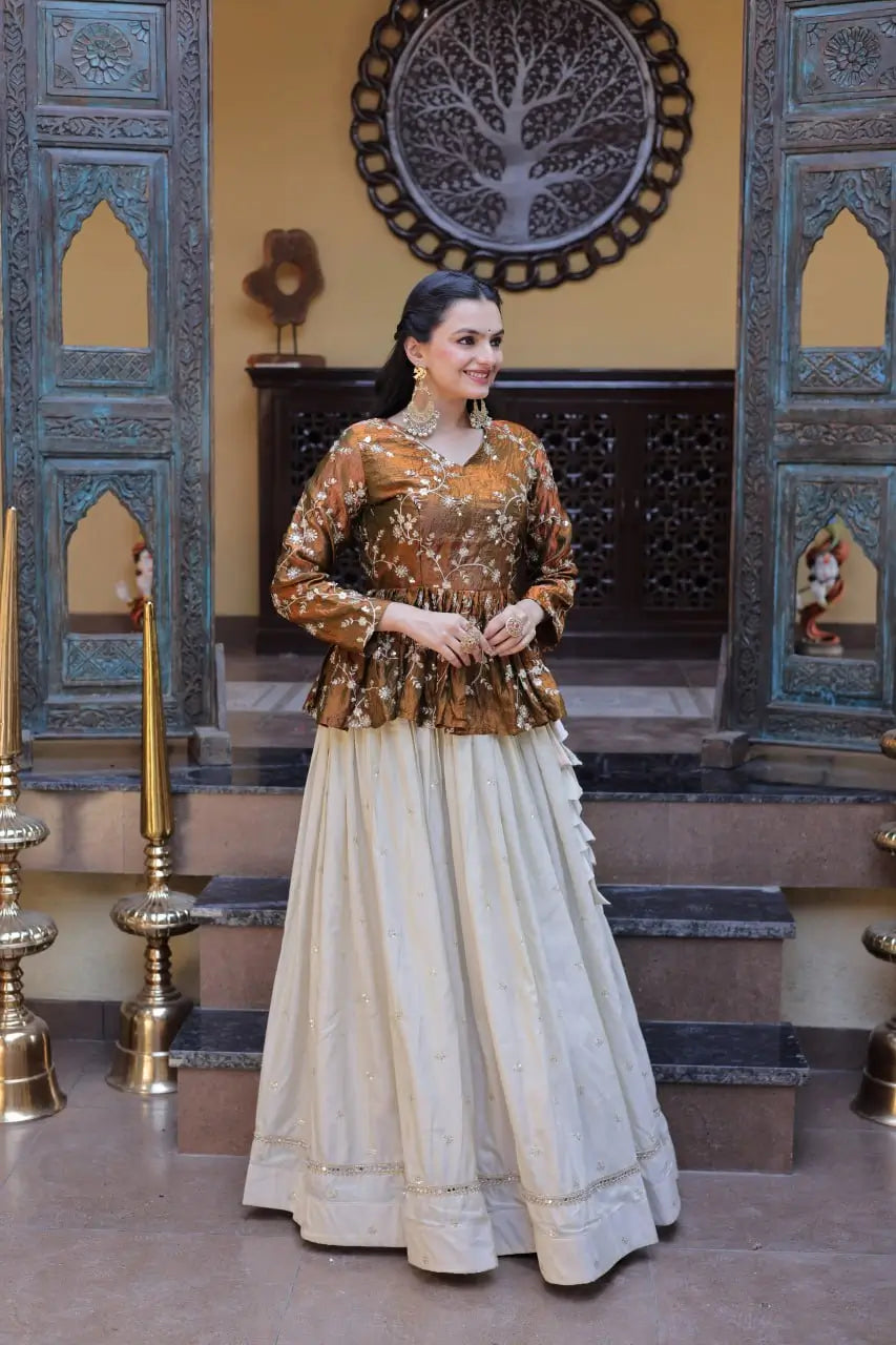 Designer soft white Lehenga with Long peplum blouse for Festive Occasions