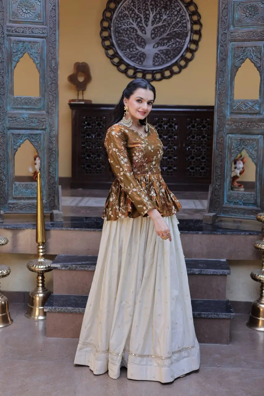 Designer soft white Lehenga with Long peplum blouse for Festive Occasions