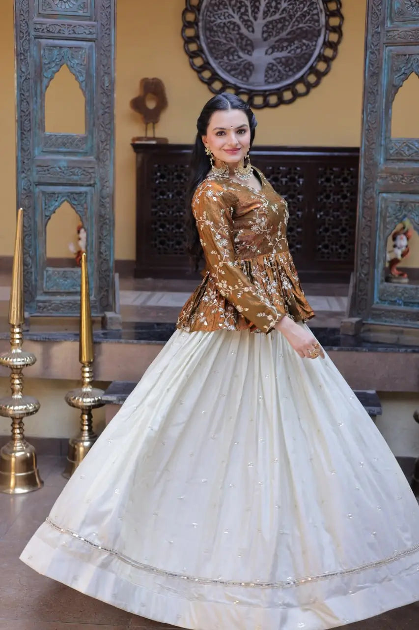 Designer soft white Lehenga with Long peplum blouse for Festive Occasions