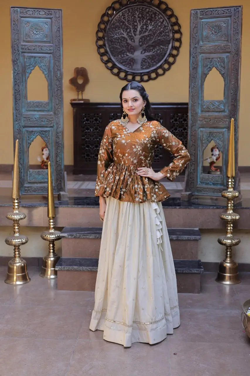Designer soft white Lehenga with Long peplum blouse for Festive Occasions