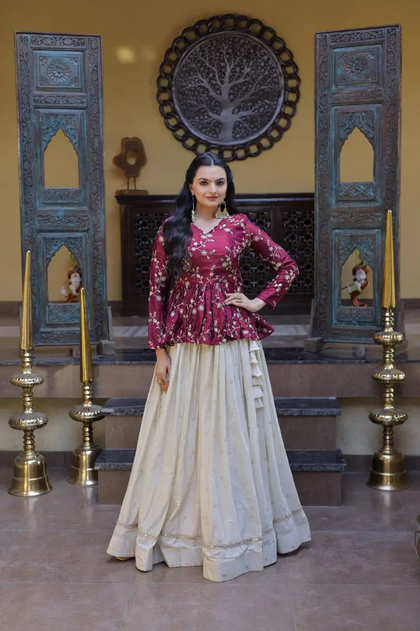 Designer soft white Lehenga with Long peplum blouse for Festive Occasions