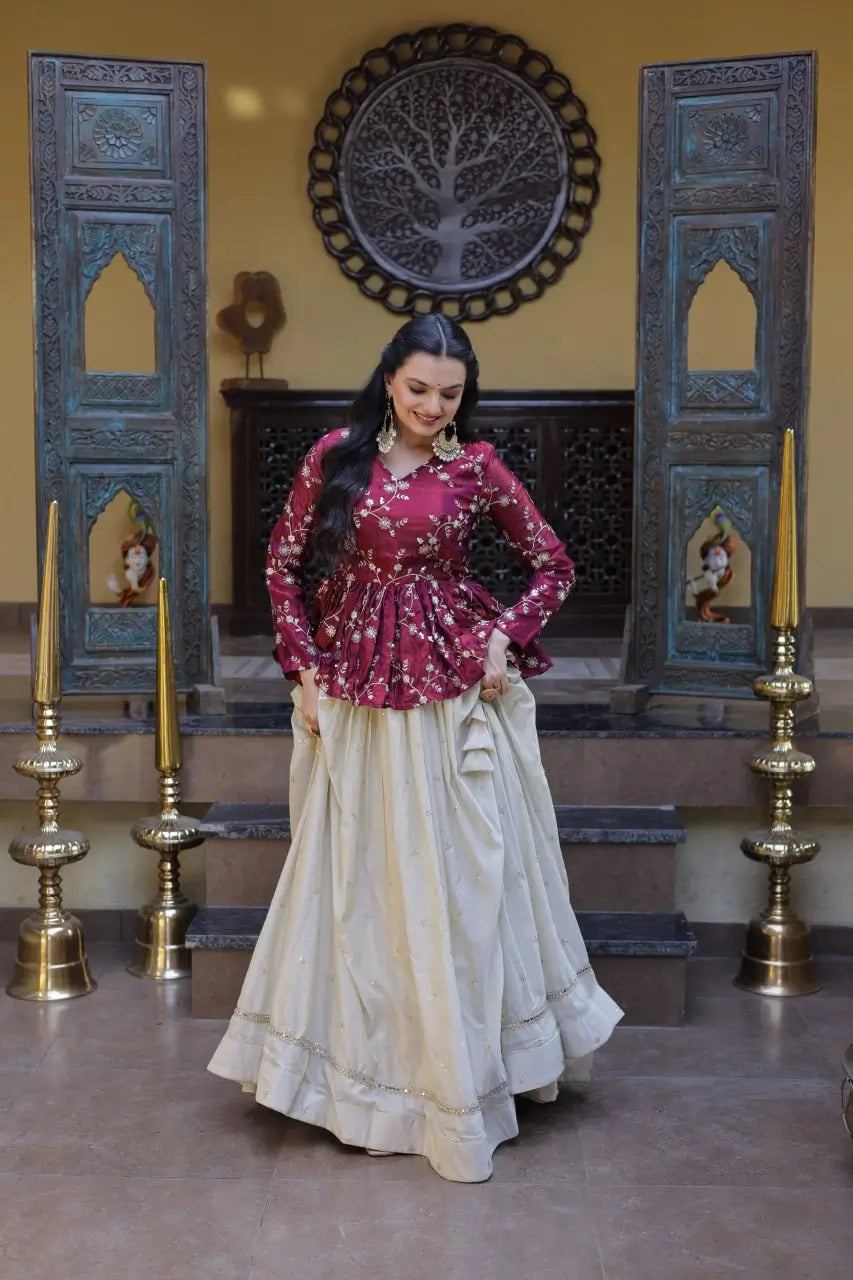 Designer soft white Lehenga with Long peplum blouse for Festive Occasions