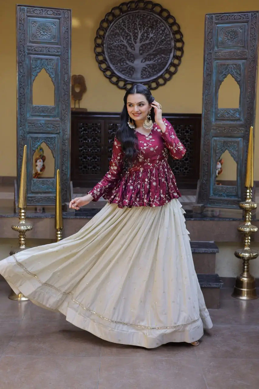 Designer soft white Lehenga with Long peplum blouse for Festive Occasions