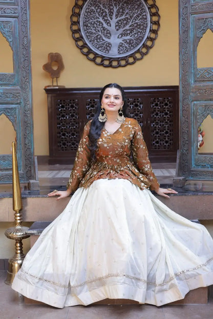 Designer soft white Lehenga with Long peplum blouse for Festive Occasions