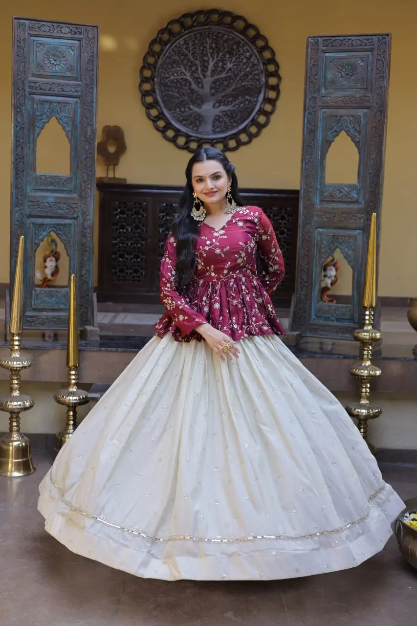 Designer soft white Lehenga with Long peplum blouse for Festive Occasions