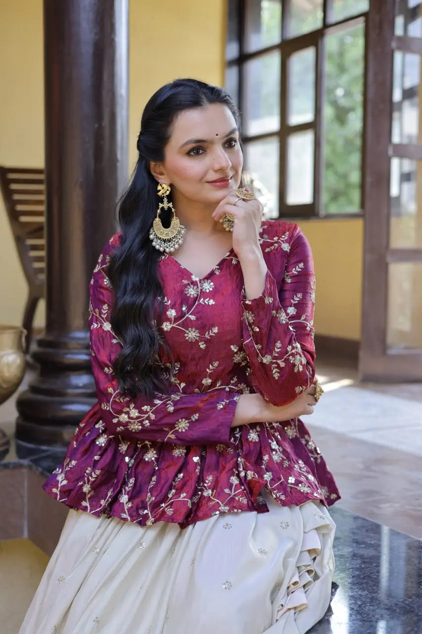 Designer soft white Lehenga with Long peplum blouse for Festive Occasions