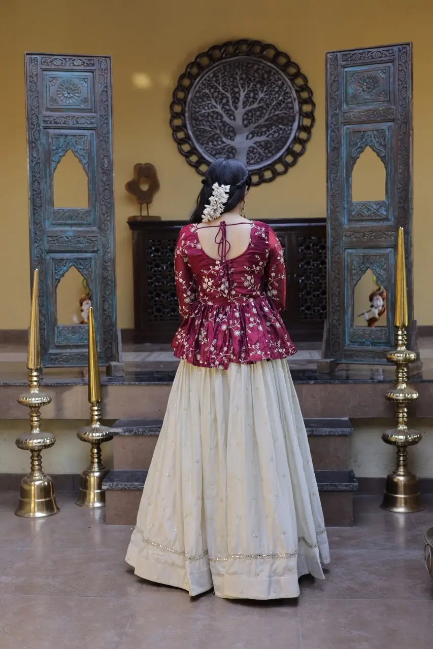 Designer soft white Lehenga with Long peplum blouse for Festive Occasions